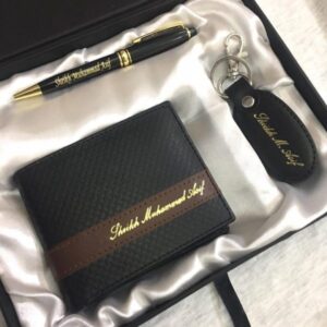 Customized Name Engraved Wallet + Pen + Keychain Gift Box