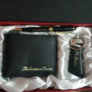 Customized Name Wallet + Pen + Keychain With Gift Box – In Black Color