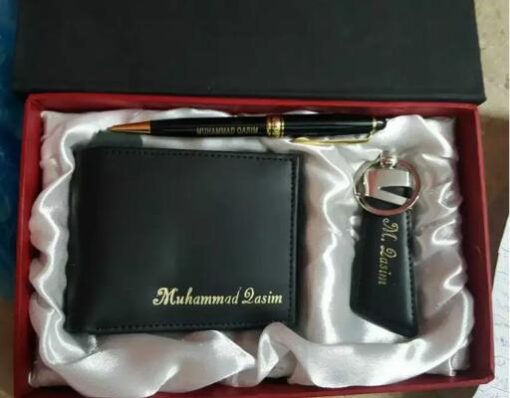 Customized Name Wallet + Pen + Keychain With Gift Box – In Black Color
