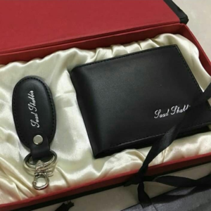 Customized Name Wallet + Keychain With Gift Box – In Black Color