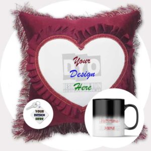 Design Your Own Customized Gift Combo (Red Heart Cushion + Magic Mug + Key-chain)
