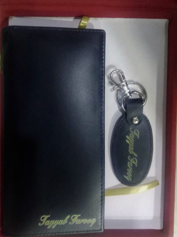 Name And Long Wallet And Keychain With Gift Box – In Black Color
