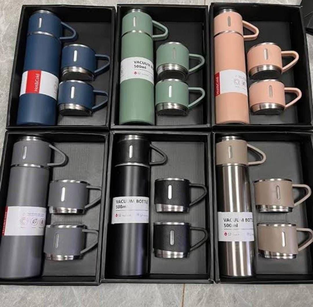 Stainless Steel Vacuum Flask Set – 500ml Double Wall Thermos with Double Lids - Image 2