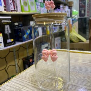 470ml Glass Jar with Bamboo Lid & Straw – Bow Shape Drinking Bottle
