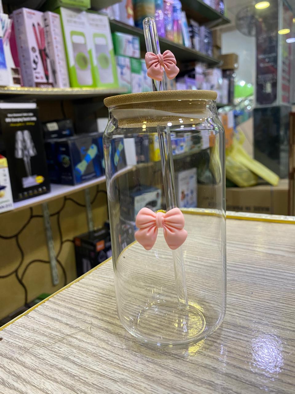 470ml Glass Jar with Bamboo Lid & Straw – Bow Shape Drinking Bottle